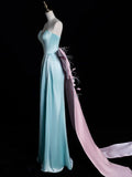 Ndyad Blue Sweetheart Neck Sheath Satin Long Birthday Gowns with Bow HZ1024