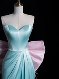 Ndyad Blue Sweetheart Neck Sheath Satin Long Birthday Gowns with Bow HZ1024