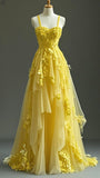 Ndyad Yellow Spaghetti Strap A-Line Tulle Applique Long Prom Dresses Exotic Birthday Dresses HZ1024
