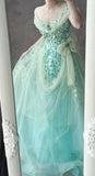 Ndyad Tiffany Blue A-Line Tulle Off-the-shoulder Applique Quincea?era Dress Graduation Prom Dresses HZ1024