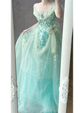 Ndyad Tiffany Blue A-Line Tulle Off-the-shoulder Applique Quincea?era Dress Graduation Prom Dresses HZ1024