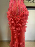 Ndyad Hot Pink Spaghetti Strap Mermaid Tulle Beaded Long Prom Dress Vintage Evening Dress HZ1024