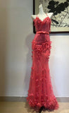Ndyad Hot Pink Spaghetti Strap Mermaid Tulle Beaded Long Prom Dress Vintage Evening Dress HZ1024