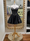 Ndyad Black A-Line Sweetheart Neck Beaded Satin Short Homecoming Dress HZ1024