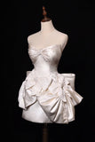 Ndyad White Strapless A-Line Satin Bow Short Homecoming Dress Birthday Dress HZ1024