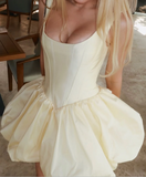 Ndyad Light Yellow Spaghetti Strap A-Line Satin Short Party Dress Birthday Dress HZ1024