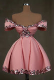 Ndyad Pink Off-the-shoulder A-Line Satin Sequin Short Evening Gown Homecoming Dress HZ1024