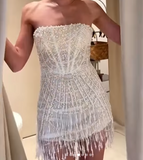 Ndyad White Strapless Bodycon Pearl Tassel Short Prom Dresses Fashion Party Dress HZ1024