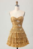 Ndyad Gold Strapless A-Line Tiered Satin Short Prom Dresses Glitter Homecoming Dress HZ1024