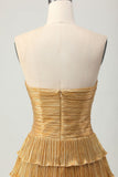 Ndyad Gold Strapless A-Line Tiered Satin Short Prom Dresses Glitter Homecoming Dress HZ1024