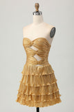 Ndyad Gold Strapless A-Line Tiered Satin Short Prom Dresses Glitter Homecoming Dress HZ1024