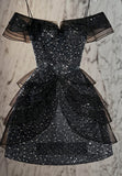 Ndyad Off Shoulder A-Line Tulle Sequin Short Birthday Dresses Black Homecoming Dress HZ1024