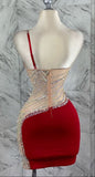 Ndyad Red Bodycon Satin Beaded Short Birthday Dress Fashion One Shoulder Homecoming Dress HZ1024