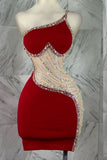 Ndyad Red Bodycon Satin Beaded Short Birthday Dress Fashion One Shoulder Homecoming Dress HZ1024