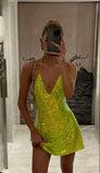 Ndyad V-neck Sheath Green Sequin Short Homecoming Dresses Fashion Party Outfit HZ1024