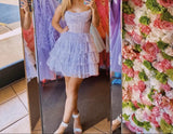 Ndyad Strapless Purple A-Line Layered Tulle Beaded Short Homecoming Dress HZ1024
