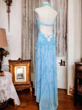 Ndyad Blue Halter Neck Sheath Chiffon Beaded Backless Long Prom Dresses Formal Evening Dresses HZ1024