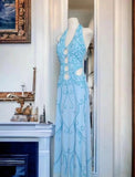 Ndyad Blue Halter Neck Sheath Chiffon Beaded Backless Long Prom Dresses Formal Evening Dresses HZ1024