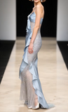Ndyad Blue Sheath Tulle Satin Long Prom Dresses Spaghetti Strap Evening Gowns with Beading HZ1024