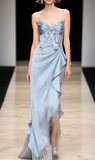 Ndyad Blue Sheath Tulle Satin Long Prom Dresses Spaghetti Strap Evening Gowns with Beading HZ1024