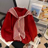 Ndyad Shawl Japanese Retro Red Knitted Sweater HZ1024