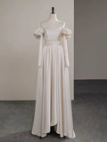 Evafashion Two Pieces Satin Champagne Long Prom Dress, Champagne Long Formal Dress HZ1024