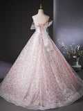 Evafashion Tulle Lace Sequin Pink Long Prom Dress, Pink Long Graduation Dress HZ1024