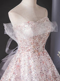 Ndyad Tulle Lace Sequin Pink Long Prom Dress, Pink Long Graduation Dress HZ1024