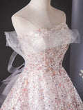 Evafashion Tulle Lace Sequin Pink Long Prom Dress, Pink Long Graduation Dress HZ1024