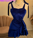 Ndyad Blue Spaghetti Strap A-Line Velvet Short Birthday Dress Outdoor Party Outfit HZ1024