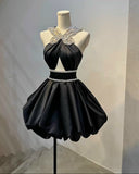 Ndyad Black Halter A-Line Satin Short Party Dress Fashion Homecoming Dress HZ1024