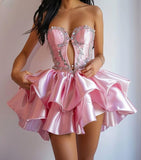 Ndyad Pink Sweetheart Neck A-Line Satin Beaded Short Homecoming Dress HZ1024
