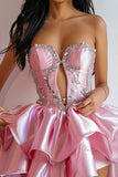 Ndyad Pink Sweetheart Neck A-Line Satin Beaded Short Homecoming Dress HZ1024
