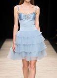 Ndyad Gray Blue A-Line Spaghetti Strap Satin Tulle Short Homecoming Dress HZ1024