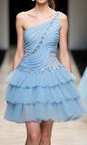 Ndyad Gray Blue A-Line One Shoulder Satin Tulle Rhinestone Short Homecoming Dresses HZ1024
