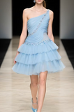 Ndyad Gray Blue A-Line One Shoulder Satin Tulle Rhinestone Short Homecoming Dresses HZ1024