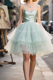 Ndyad Spaghetti Strap A-Line Mint Green Tulle Short Homecoming Dresses HZ1024