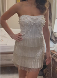 Ndyad Strapless Bodycon Beaded Tassel Short Homecoming Dresses Sparkly Party Dress HZ1024