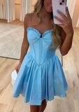 Evafashion A-Line Blue Spaghetti Strap Birthday Outfit Short Homecoming Dresses HZ1024