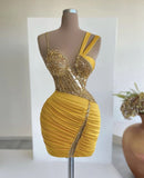 Ndyad Asymmetric Bodycon Yellow Satin Beaded Short Homecoming Dresses Outdoor Party Outfit HZ1024