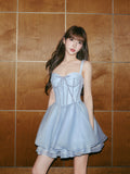 Ndyad Blue A-Line Spaghetti Straps Tulle Short Homecoming Dresses Sweet 16 Dresses HZ1024