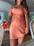 Ndyad Orange Off Shoulder Sheath Satin Short Homecoming Dresses Party Dress HZ1024