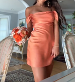 Ndyad Orange Off Shoulder Sheath Satin Short Homecoming Dresses Party Dress HZ1024