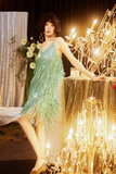 Ndyad Green Sheath Spaghetti Strap Tassel Short Homecoming Dress Sweet Birthday Dress HZ1024