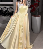 Evafashion A-Line Halter Butter Yellow Satin Long Prom Dresses Birthday Party Outfits HZ1024
