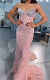 Ndyad Pink Spaghetti Strap Sheath Tulle Long Prom Dresses Sparkly Rhinestone Formal Dresses HZ1024