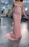 Ndyad Pink Spaghetti Strap Sheath Tulle Long Prom Dresses Sparkly Rhinestone Formal Dresses HZ1024