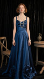 Ndyad Blue Spaghetti Strap A-Line Stunning Prom Dresses Satin Elegant Formal Dresses HZ1024