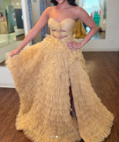 Ndyad Sweetheart Gold A-Line Tulle Glitter Long Prom Dresses Slit Quinceanera Dresses HZ1024