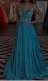 Ndyad Spaghetti Straps A-Line Beaded Chiffon Formal Dresses Elegant Backless Prom Dresses HZ1024